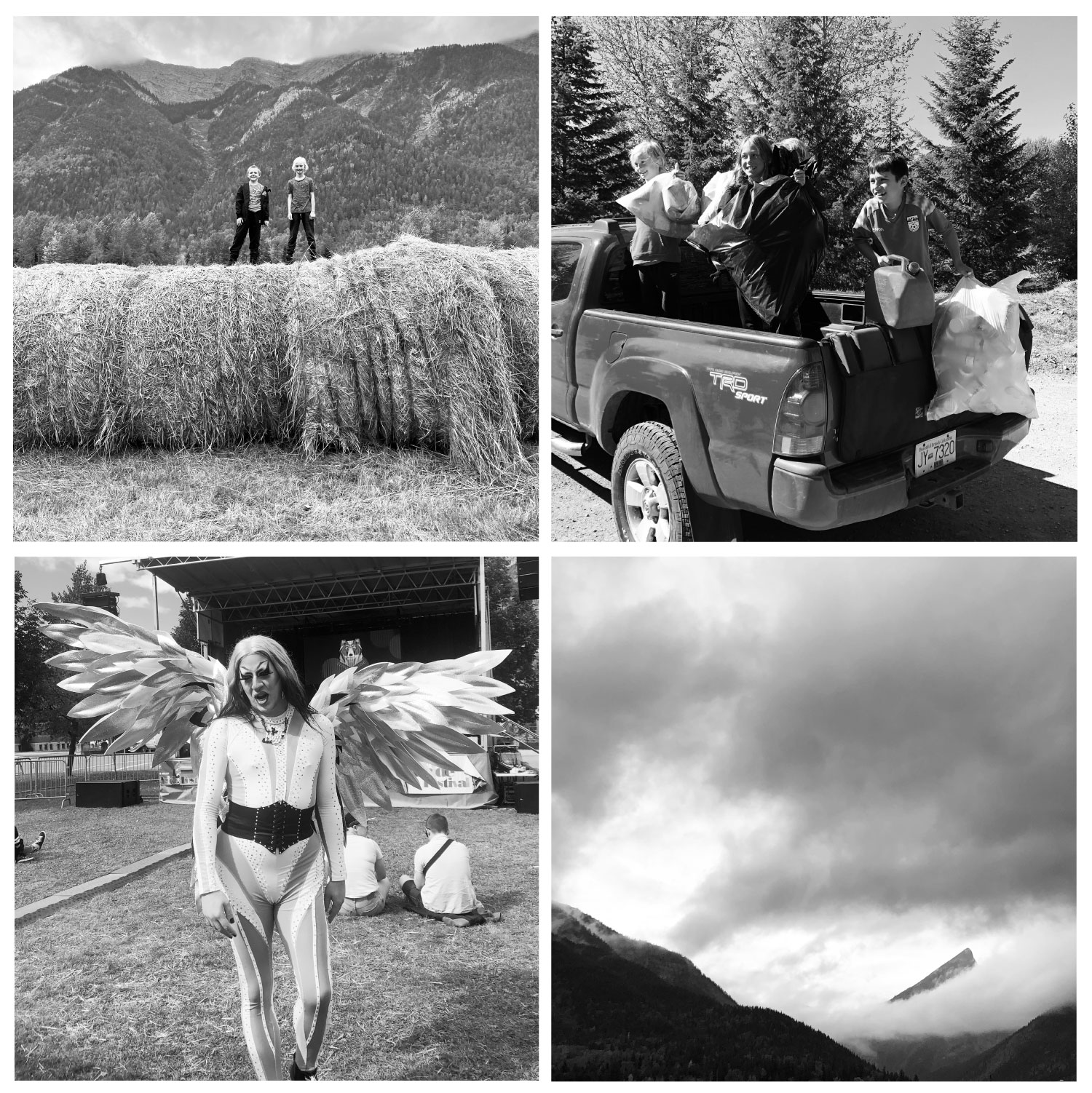 Today In Fernie - photos from Spectrum Arts Festival, Elk River Alliance clean up 2022, a sleepover, and the three sisters mountains in Fernie. Black and white photography every day.